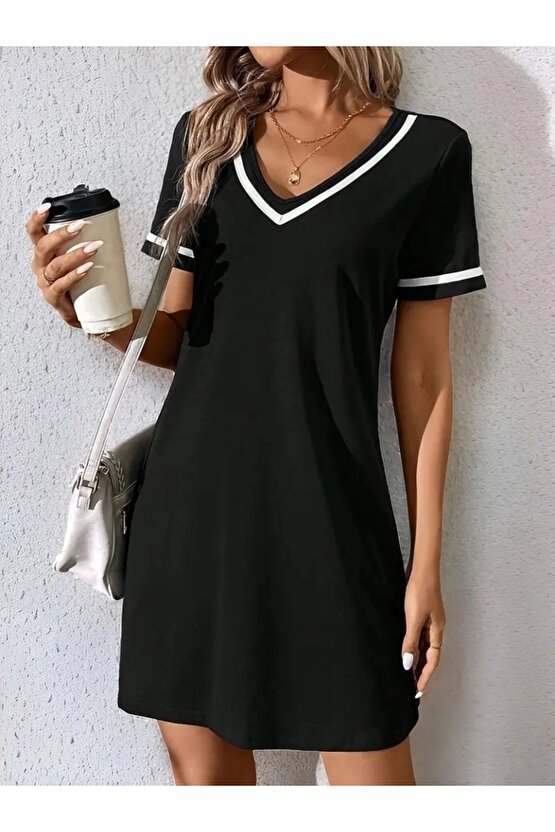 Kadın Kısa Kollu V çizgili Yakalı Kısa Viskon Elbise
