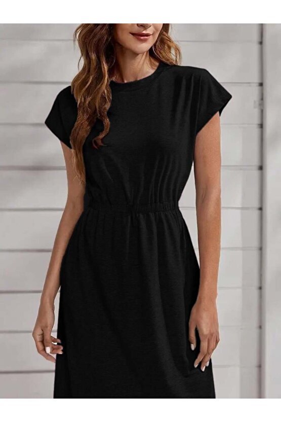 Kadın Kısa Kollu Bisiklet Yaka Belden Lastikli Midi Viskon Elbise