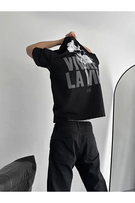Baskılı Oversize Bisiklet Yaka T-shirt - Siyah