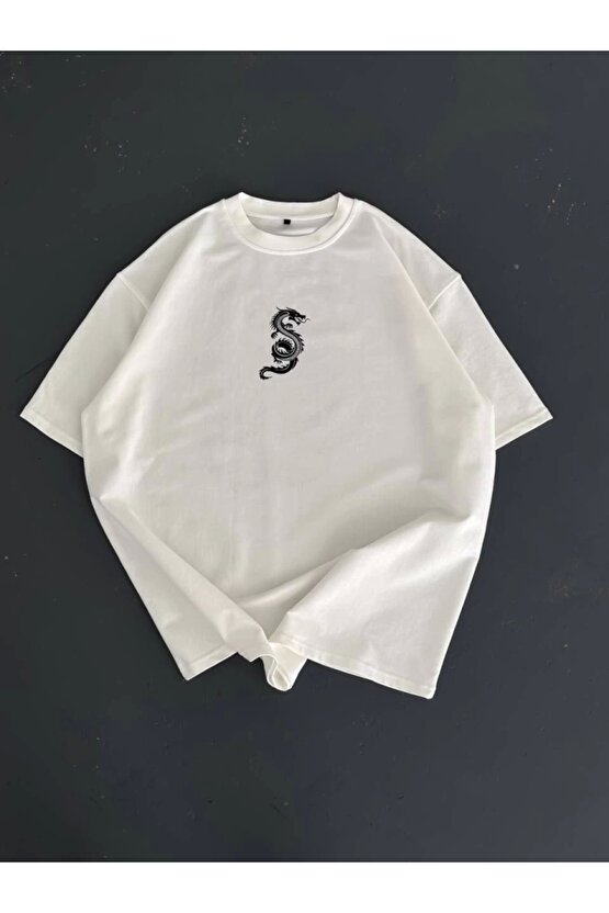 Baskılı Oversize Bisiklet Yaka T-shirt - Beyaz