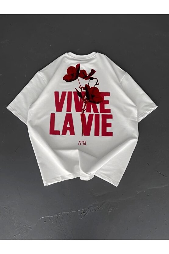 Baskılı Oversize Bisiklet Yaka T-shirt - Beyaz