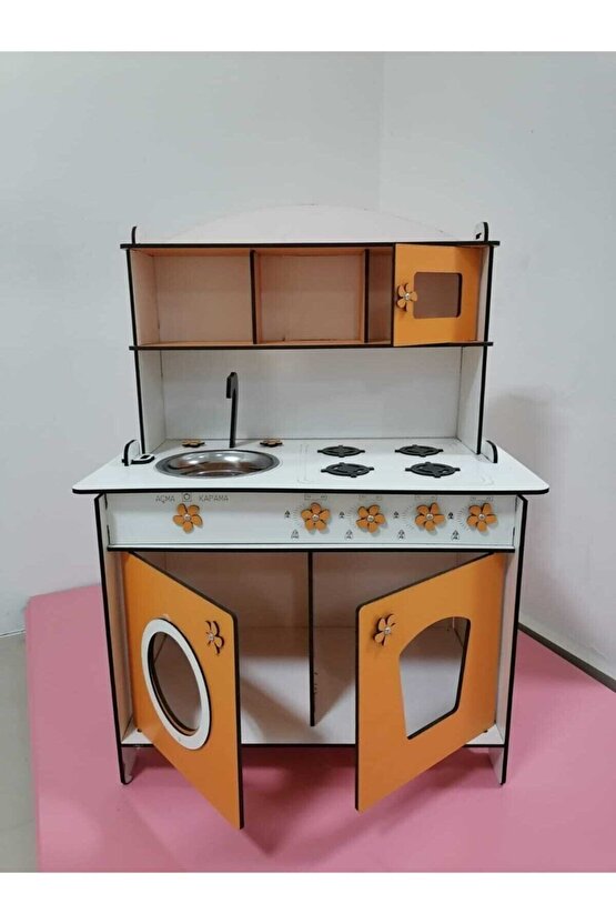 Montessori Eğitici Ahşap Oyuncak Mutfak Dolabı 6mm Turuncu 80x60