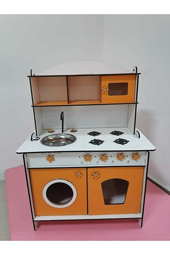 Montessori Eğitici Ahşap Oyuncak Mutfak Dolabı 6mm Turuncu 80x60