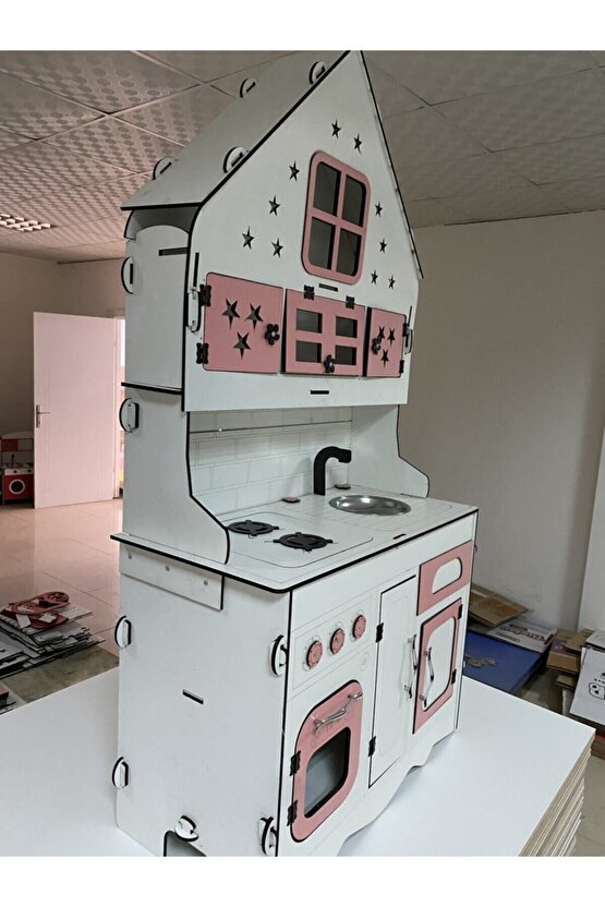 Ahşap Oyuncak Mutfak, Oyuncak Mutfak, Özel Tasarım Büyük Boy Ahşap Oyuncak Mutfak Pembe-beyaz