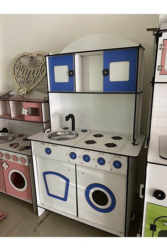 Oyuncak Mutfak, Büyük Boy Ahşap Oyuncak Mutfak, Erkek Çocuk Oyuncak Mutfak Seti, Mavi