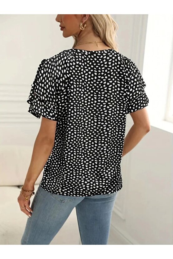 Kadın Kısa Kollu Kolları Volanlı Baskılı Süprem Bluz