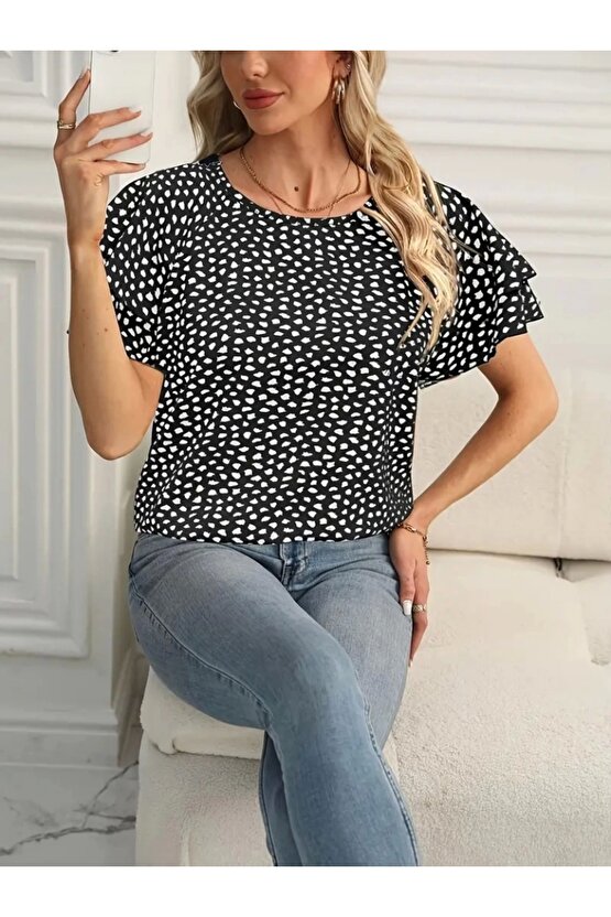 Kadın Kısa Kollu Kolları Volanlı Baskılı Süprem Bluz