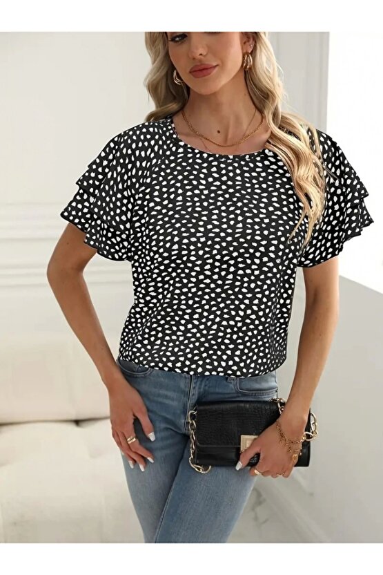 Kadın Kısa Kollu Kolları Volanlı Baskılı Süprem Bluz