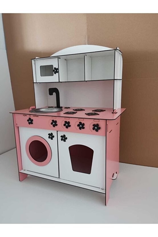 Montessori Eğitici Ahşap Oyuncak Mutfak Dolabı Pembe Beyaz 3mm