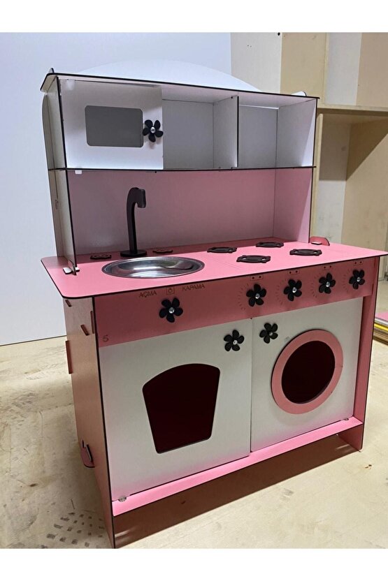 Montessori Eğitici Ahşap Oyuncak Mutfak Dolabı Pembe Beyaz 3mm