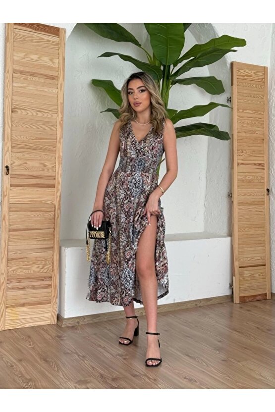 Kadın Beli Gipeli Etnik Desen Sıfır Kol Süprem Elbise