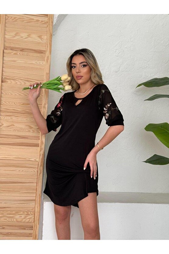 Kadın Truvakar Kol çiçek Desenli Tül Kol Bisiklet Yaka çiçek Desen Sandy Salaş Kısa Elbise