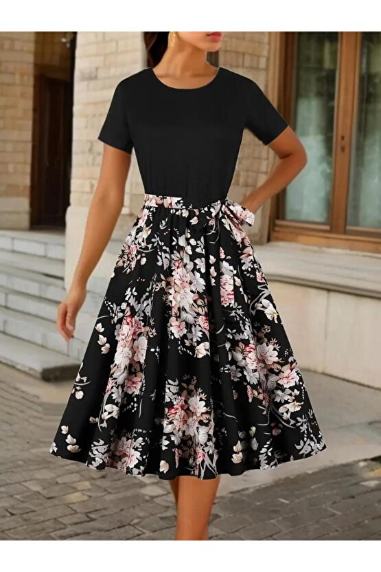 Kadın Kısa Kollu Bisiklet Yaka çiçek Desenli üst Viskon Alt Süprem Kısa Elbise