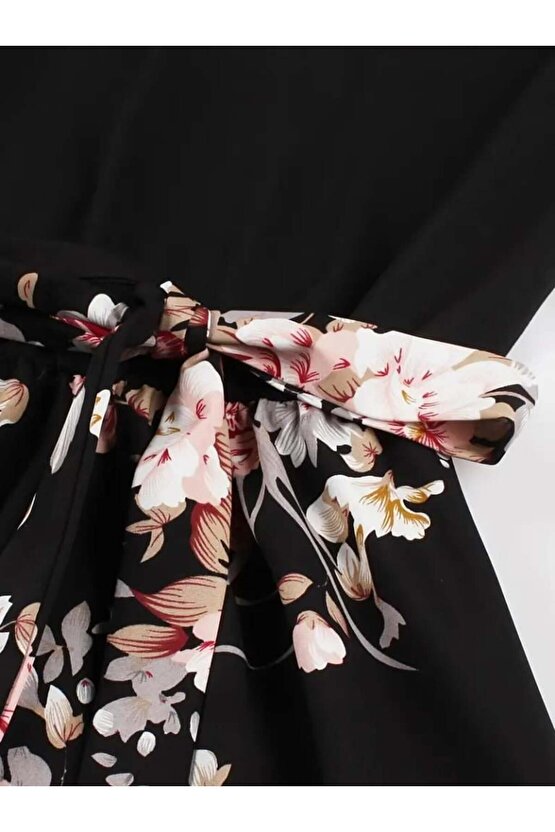 Kadın Kısa Kollu Bisiklet Yaka çiçek Desenli üst Viskon Alt Süprem Kısa Elbise