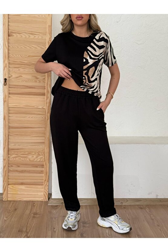 moda wanilia Kadın Bisiklet Yaka Kısa Kol Leopar Desen Bluz Ve Pantolon Ikili Takım