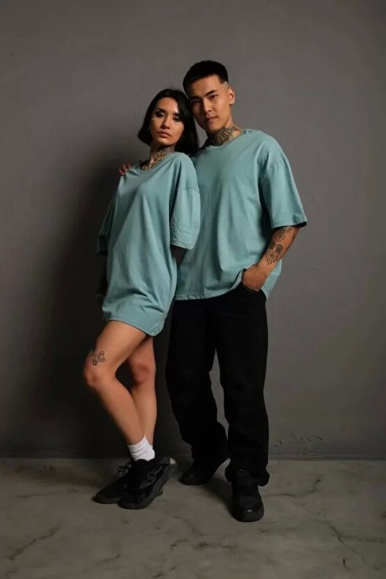 Erkek 241 Düz A Kalite Oversize T-shirt - Mint Yeşili