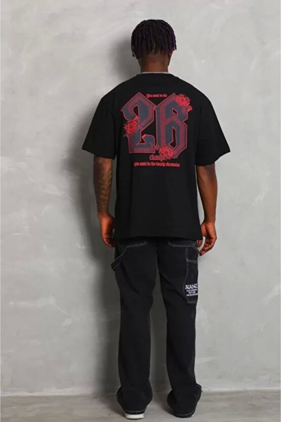 Unisex Oversize Baskılı Bisiklet Yaka T-Shirt - Siyah