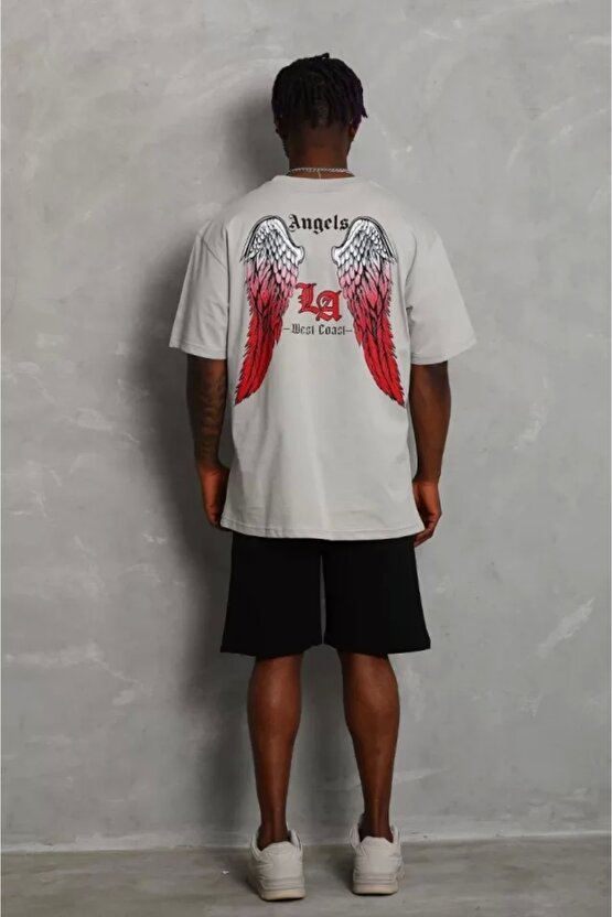 Unisex Oversize Baskılı Bisiklet Yaka T-Shirt - Gri