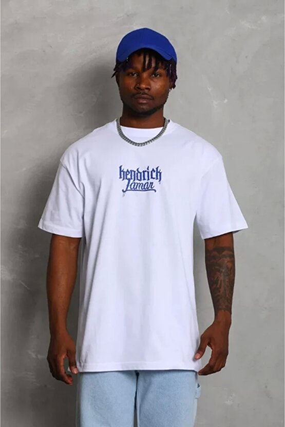 Unisex Oversize Baskılı Bisiklet Yaka T-Shirt - Beyaz