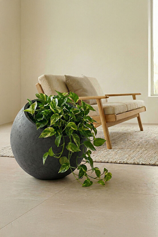 Petra Obliq Eğik Küre Hafif Beton Saksı 30x30cm Doğal Taş Dokulu İç-Dış Mekan