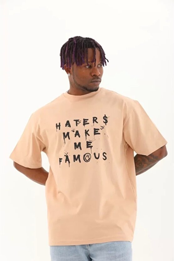 Unisex Oversize Baskılı Bisiklet Yaka T-Shirt - Bej