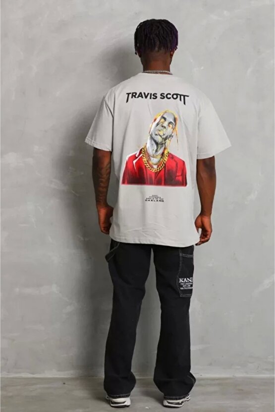 Unisex Oversize Baskılı Bisiklet Yaka T-Shirt - Gri