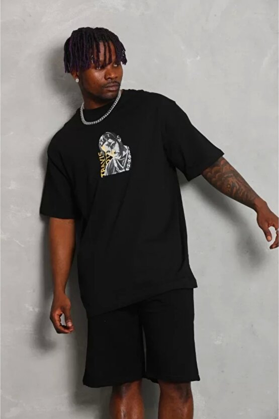 Unisex Oversize Baskılı Bisiklet Yaka T-Shirt - Siyah