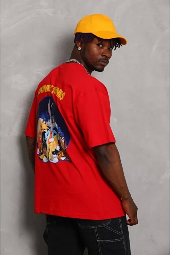 Unisex Oversize Baskılı Bisiklet Yaka T-Shirt - Kırmızı