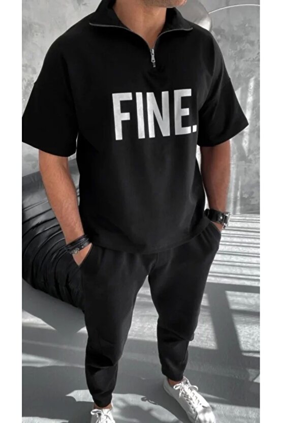 Unisex Baskılı Yarım Fermuarlı T-Shirt - Siyah