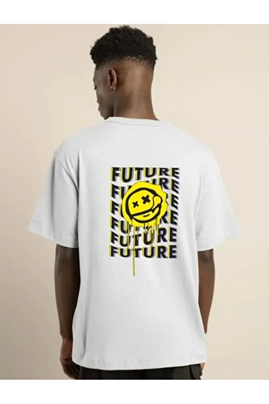 Unisex Bisiklet Yaka Baskılı Oversize T-Shirt - Beyaz