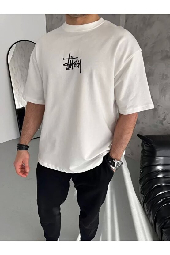 Unisex Bisiklet Yaka Baskılı Oversize T-Shirt - Beyaz