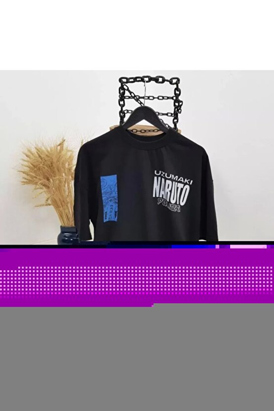 Unisex Bisiklet Yaka Baskılı Oversize T-Shirt - Siyah