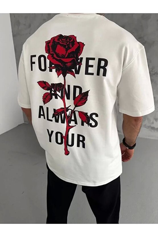 Unisex Bisiklet Yaka Baskılı Oversize T-Shirt - Beyaz