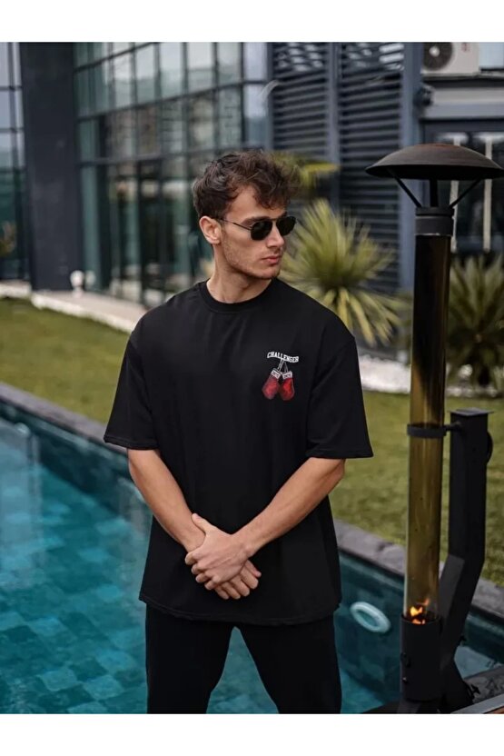 Unisex Bisiklet Yaka Baskılı Oversize T-Shirt - Siyah