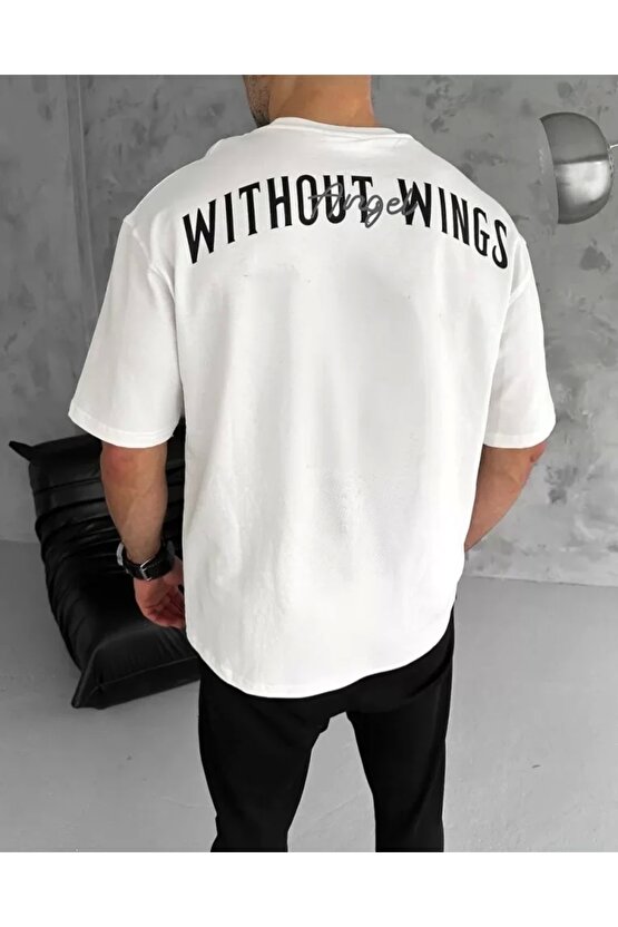 Unisex Bisiklet Yaka Baskılı Oversize T-Shirt - Beyaz