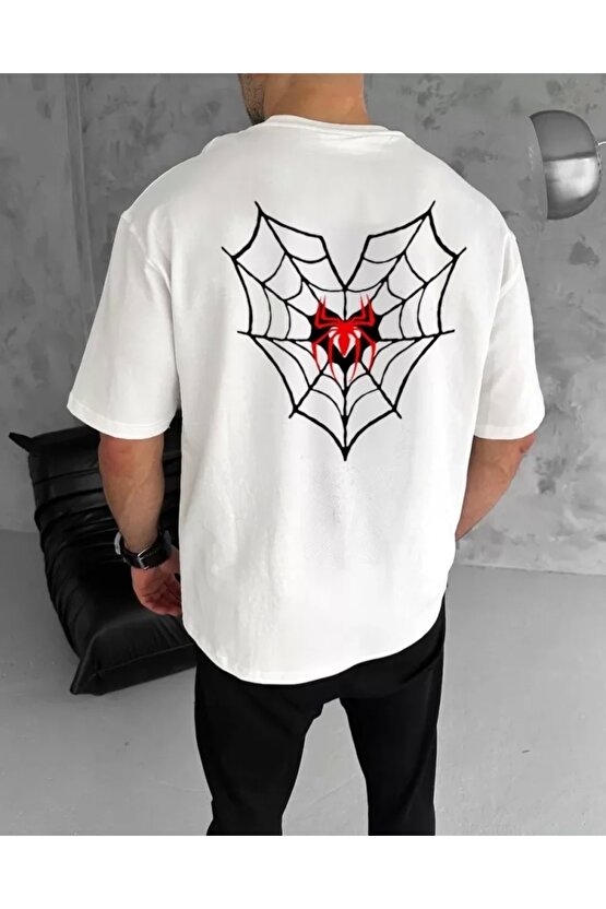 Unisex Bisiklet Yaka Baskılı Oversize T-Shirt - Beyaz