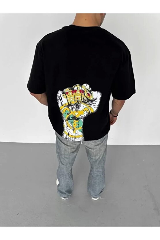 Unisex Bisiklet Yaka Baskılı Oversize T-Shirt - Siyah
