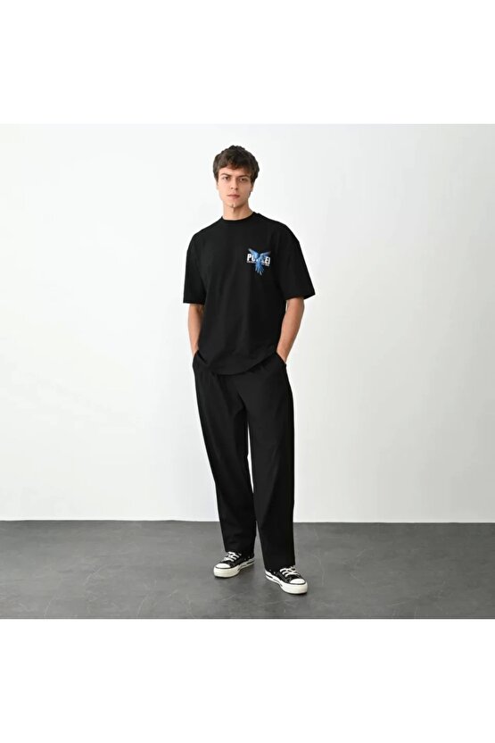 Unisex Bisiklet Yaka Baskılı Oversize T-Shirt - Siyah