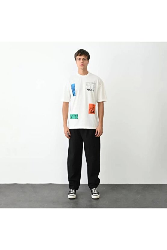 Unisex Bisiklet Yaka Baskılı Oversize T-Shirt - Beyaz