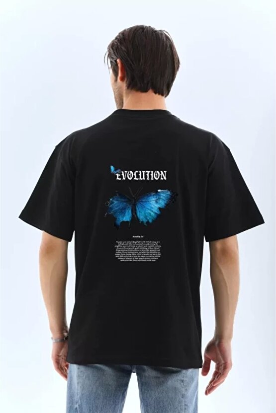 Unisex Bisiklet Yaka Baskılı Oversize T-Shirt - Siyah