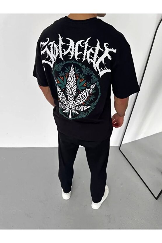 Unisex Bisiklet Yaka Baskılı Oversize T-Shirt - Siyah