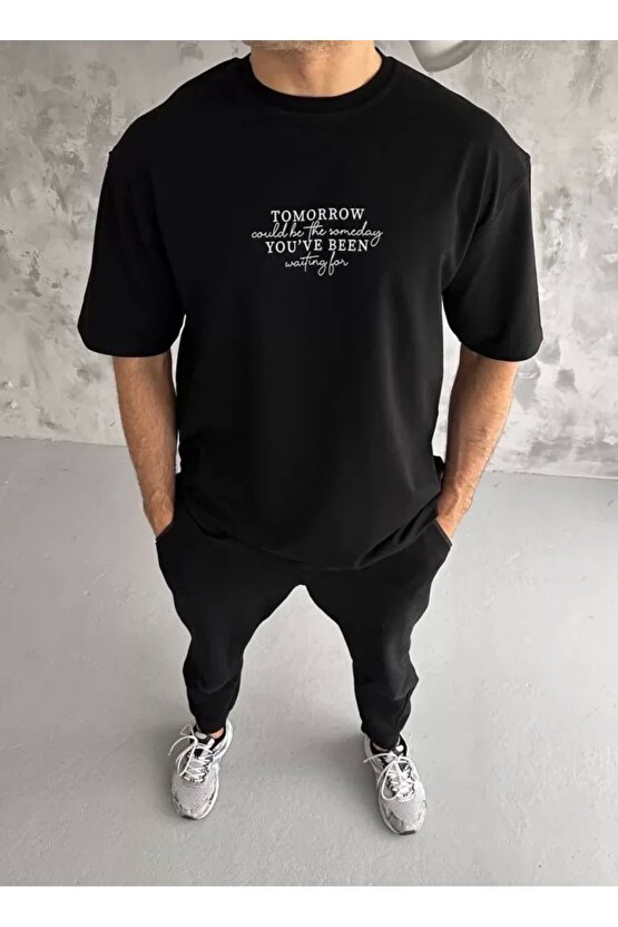 Unisex Bisiklet Yaka Baskılı Oversize T-Shirt - Siyah