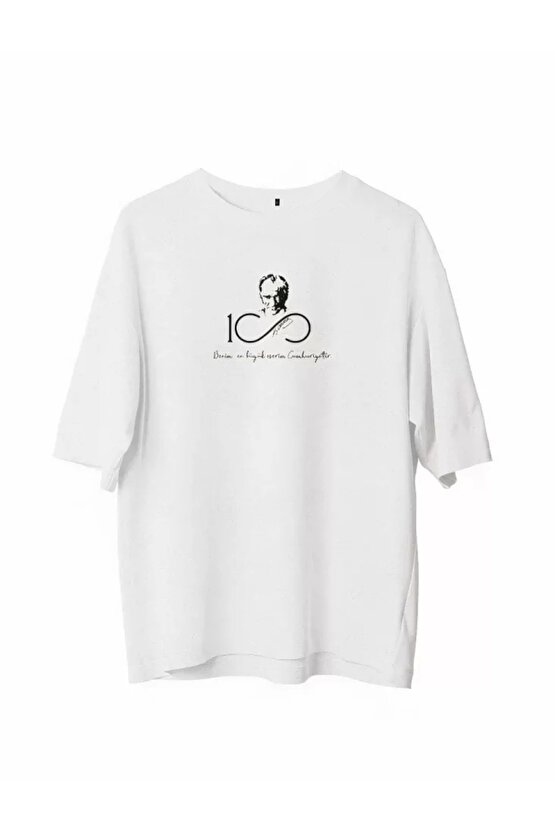 Unisex Bisiklet Yaka Baskılı Oversize T-Shirt - Beyaz