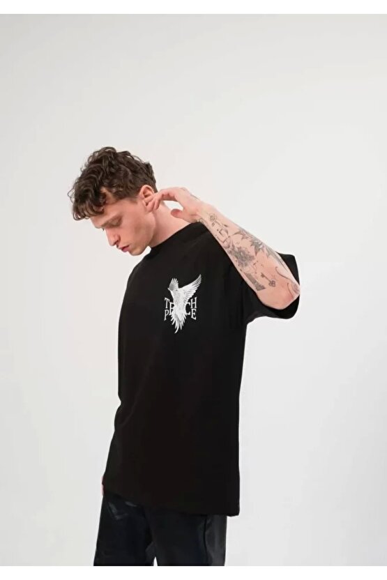 Unisex Bisiklet Yaka Baskılı Oversize T-Shirt - Siyah