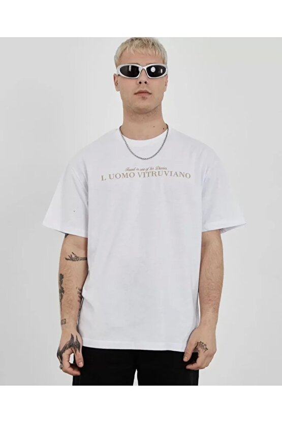 Unisex Bisiklet Yaka Baskılı Oversize T-Shirt - Beyaz