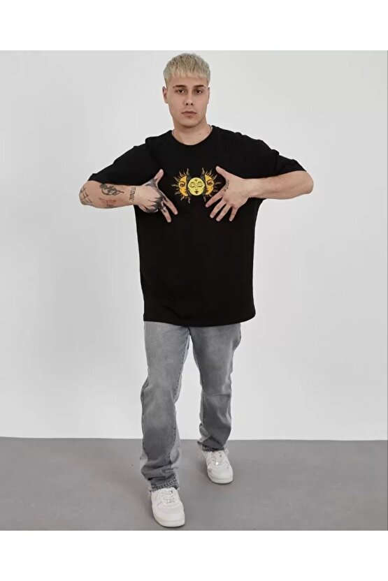 Unisex Bisiklet Yaka Baskılı Oversize T-Shirt - Siyah