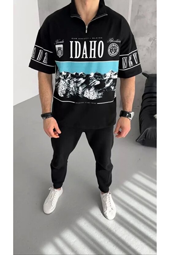 Unisex Baskılı Yarım Fermuarlı T-Shirt - Siyah