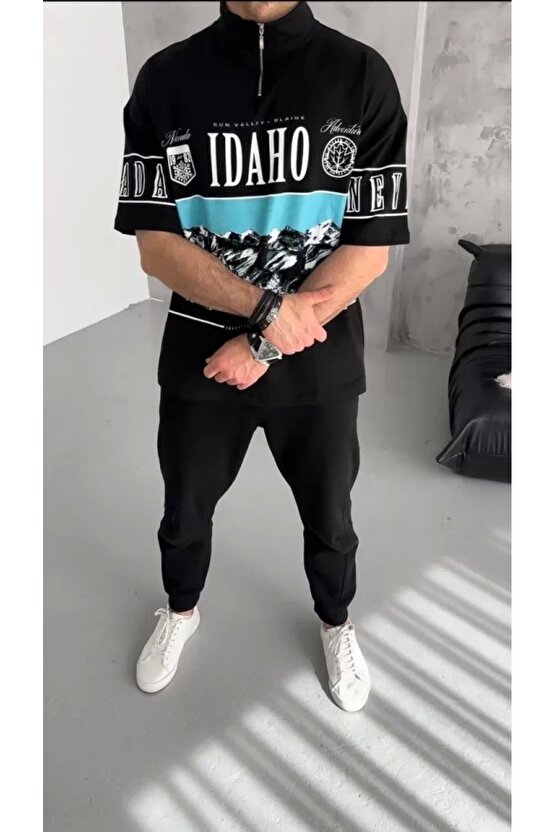 Unisex Baskılı Yarım Fermuarlı T-Shirt - Siyah