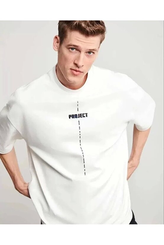 Unisex Bisiklet Yaka Baskılı Oversize T-Shirt - Beyaz