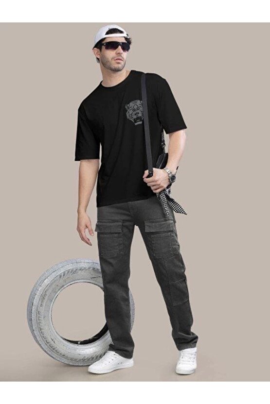 Erkek Baskılı Oversize T-shirt - Siyah
